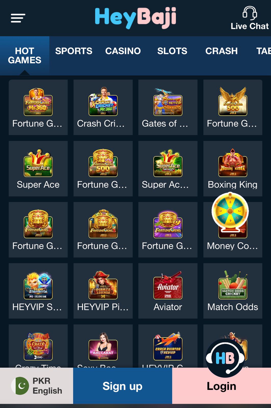 HeyBaji hot games page showing popular JILI slot titles including Fortune Gems Legend, Crash Cricket, Gates of HeyVIP, Super Ace, Fortune Garuda 500, Boxing King, Aviator, Match Odds Cricket, Crazy Time and Sexy Baccarat with category navigation bar showing Hot Games Sports Casino Slots and Crash tabs