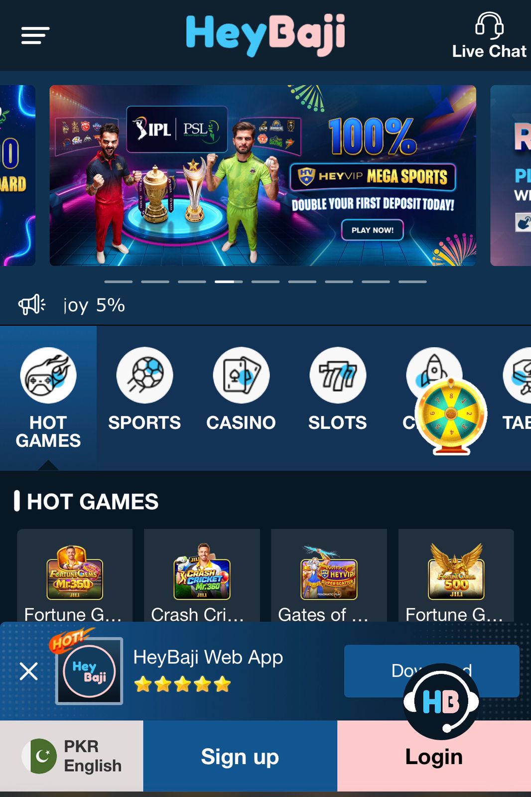 HeyBaji mobile home screen showing IPL and PSL cricket banner with 100 percent HEYVIP mega sports welcome bonus double your first deposit, scrollable category icons for Hot Games Sports Casino Slots Crash and Table, hot games section with Fortune Gems Legend Crash Cricket Legend Gates of HeyVIP Supreme and Fortune Garuda 500, and HeyBaji web app install popup with five star rating and download button