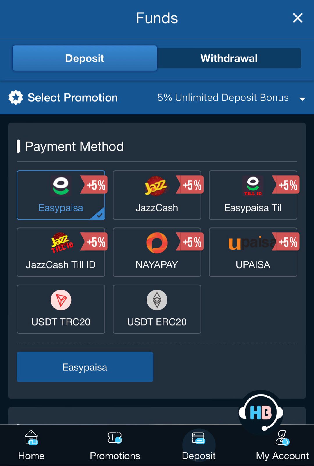HeyBaji Pakistan funds deposit screen showing payment method selection with eight options all displaying plus 5 percent bonus badge: Easypaisa highlighted as selected, JazzCash, Easypaisa Till ID, JazzCash Till ID, NayaPay, Upaisa, USDT TRC20 and USDT ERC20 with 5 percent unlimited deposit bonus promotion active at top