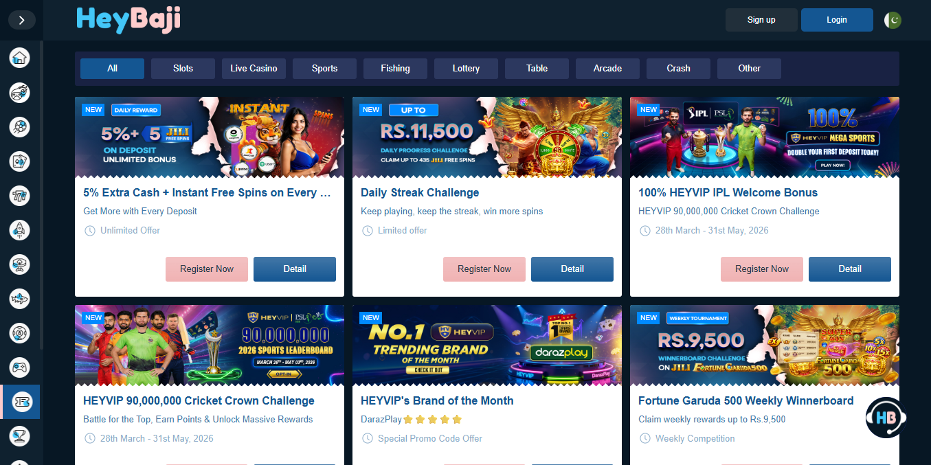 HeyBaji promotions page showing six active bonus campaigns in grid layout: 5 percent extra cash plus 5 JILI free spins unlimited daily reward on every deposit, RS.11500 daily streak challenge with up to 435 JILI free spins limited offer, 100 percent HEYVIP IPL welcome bonus running March to May 2026, HEYVIP 90 million cricket crown challenge PSL sports leaderboard, HEYVIP brand of the month DarazPlay trending brand special promo code, and Fortune Garuda 500 RS.9500 weekly winnerboard tournament