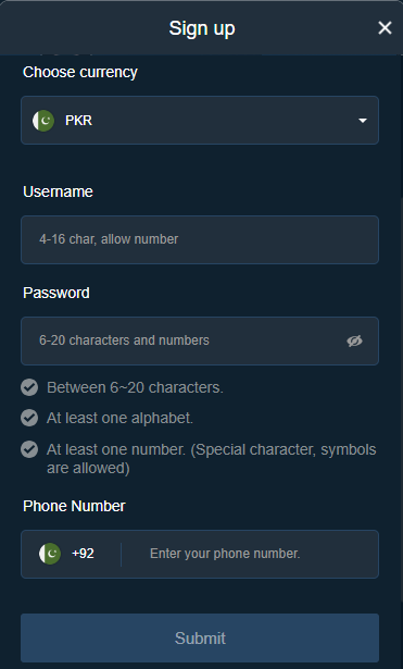 HeyBaji sign up registration screen showing currency selection dropdown set to PKR Pakistan, username field accepting 4 to 16 characters with numbers allowed, password field requiring 6 to 20 characters with at least one alphabet and one number, Pakistan plus 92 phone number input field, and blue submit button at the bottom